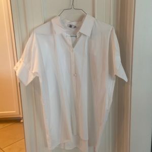 Women’s white, short sleeve, oversized, button down top.